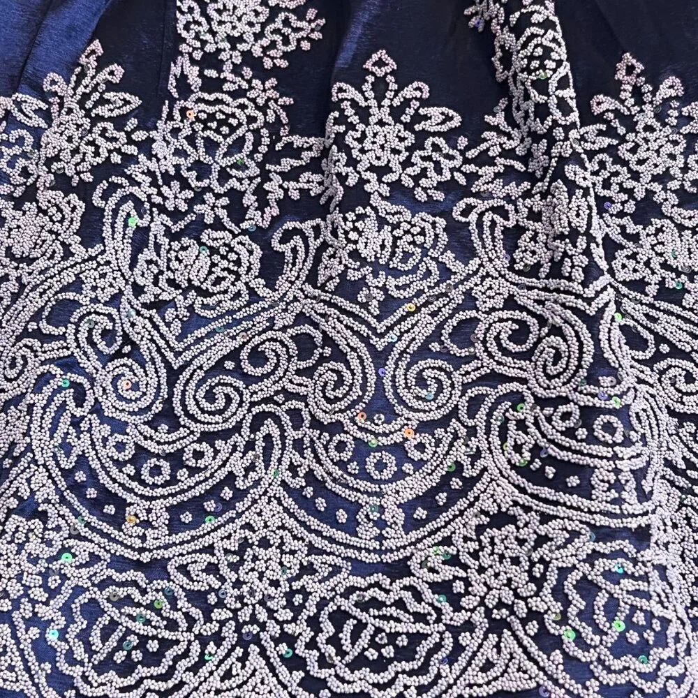 Leslie Fay Blue Fit & Flare Dress 16 Paisley Hem Sleeveless Party Made in USA - Picture 9 of 10